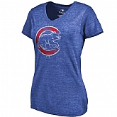 Women's Chicago Cubs Fanatics Branded Primary Distressed Team Tri Blend V Neck T-Shirt Heathered Royal FengYun